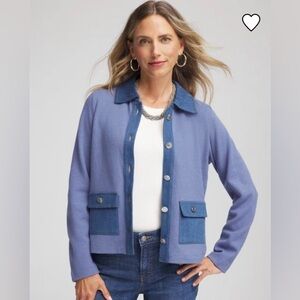Chicos Light Blue Contrast Trim Knit Jacket - Women's